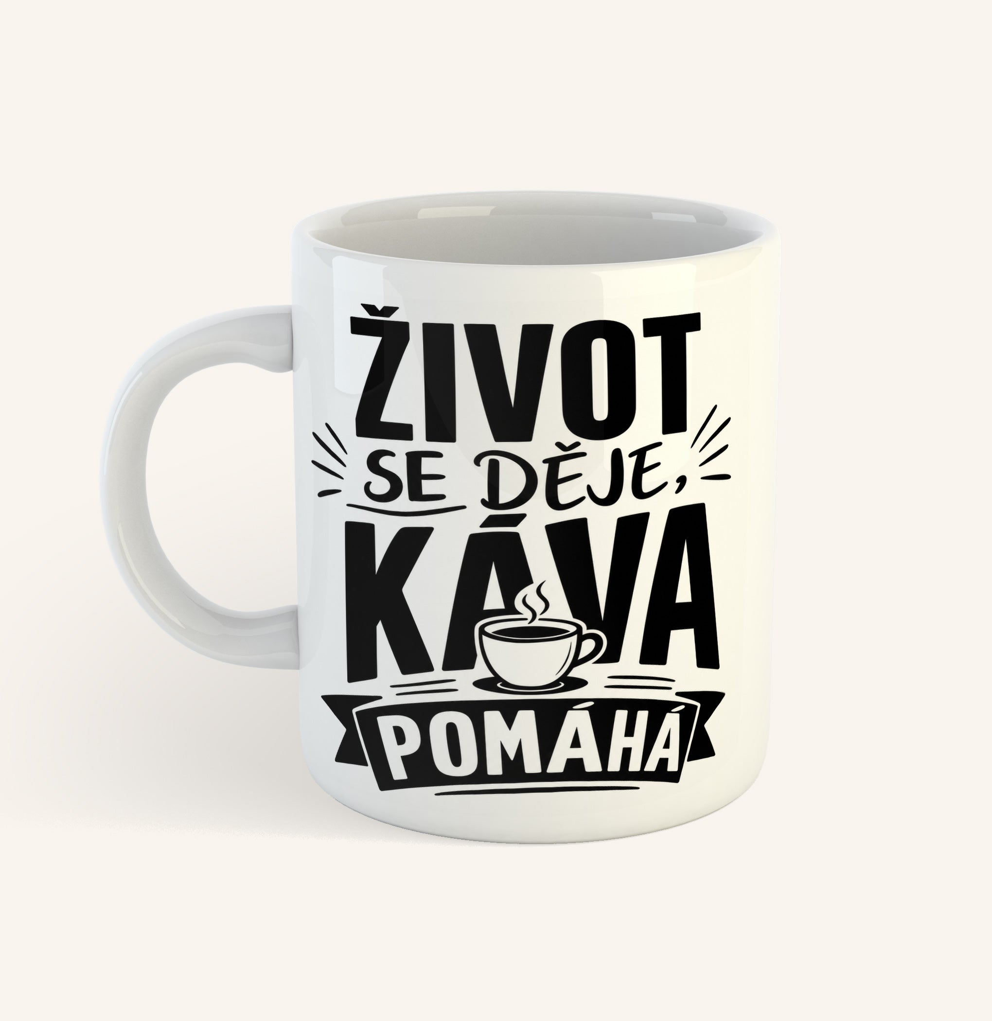 Keramický hrnek s textem Život se děje, káva pomáhá
